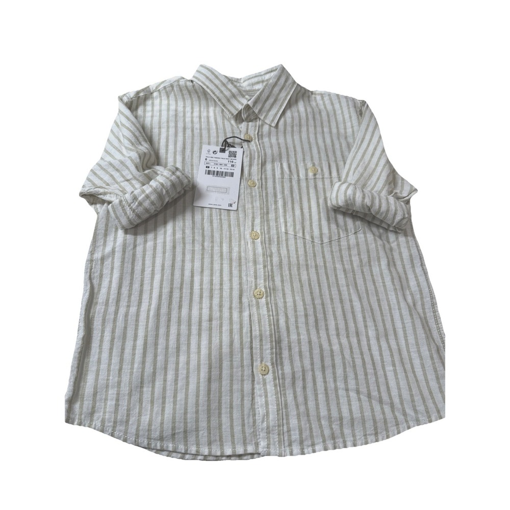 Zara Size 6 Boys Linen Blend Light Green Striped Button Down Shirt NWT